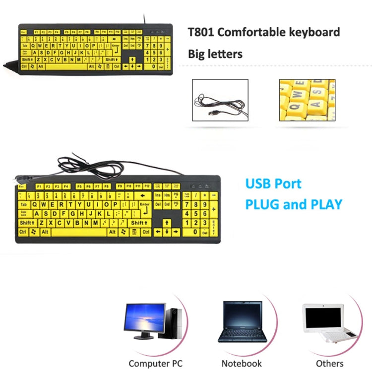 T801 104 Keys Special People Children Old Man Big Letters USB Wired Keyboard, Cable Length: 1.38m(Yellow) - Wired Keyboard by PMC Jewellery | Online Shopping South Africa | PMC Jewellery