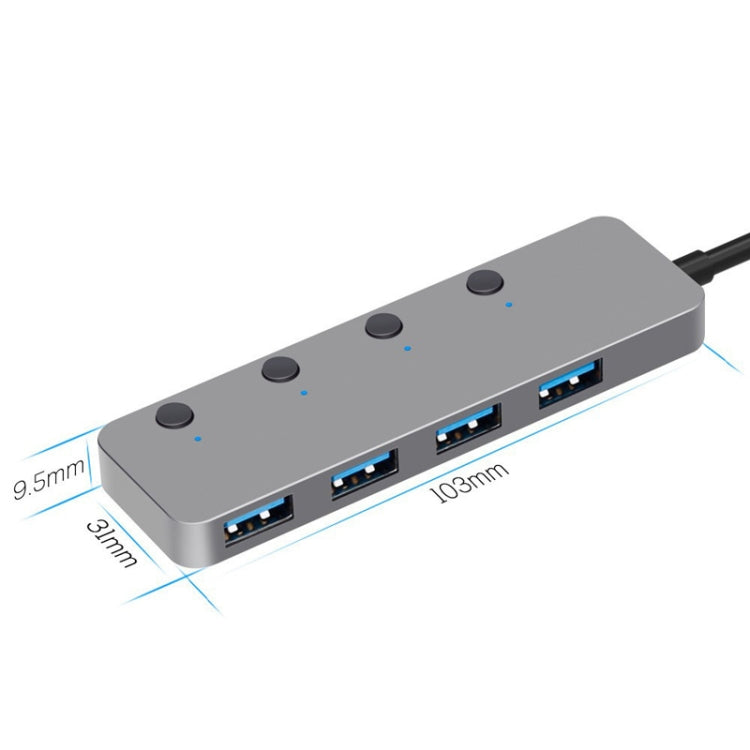 HS0059 Independent Switch USB 3.0 4 Ports Extension Type-C / USB-C Aluminum Alloy HUB, Cable Length: 30cm - USB 3.0 HUB by PMC Jewellery | Online Shopping South Africa | PMC Jewellery | Buy Now Pay Later Mobicred