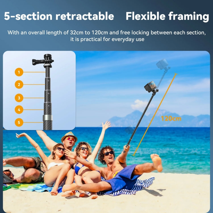 TELESIN 1.2m Carbon Fiber Monopod Selfie Stick With 1/4 Screw For Action Cameras - Extendable Pole by TELESIN | Online Shopping South Africa | PMC Jewellery | Buy Now Pay Later Mobicred