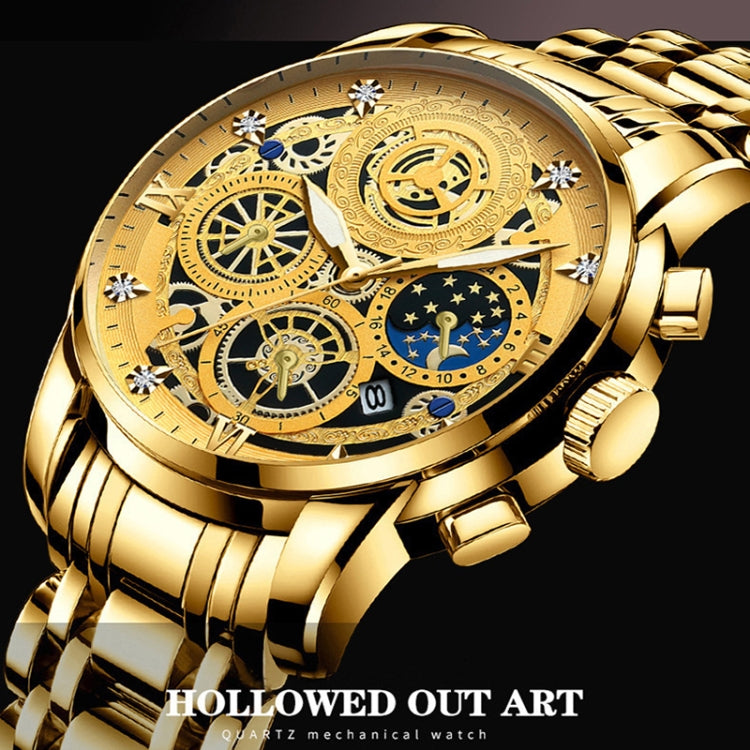 BINBOND 4010 Multifunctional Waterproof Hollowed Luminous Quartz Watch(Inter-gold Black Surface) - free shipping - PMC TechLife - Order now!