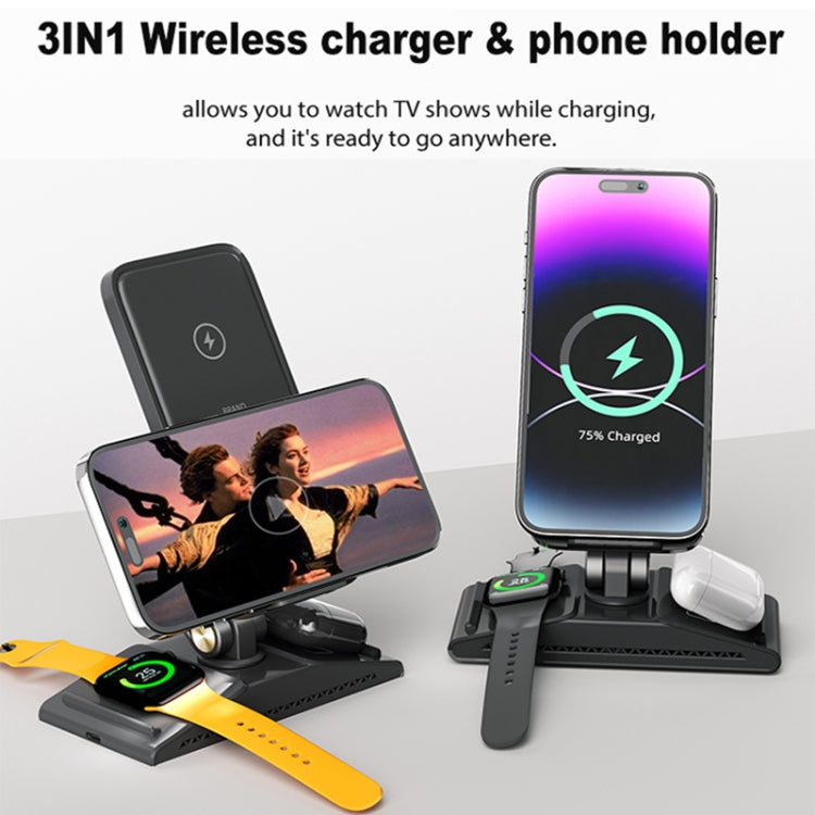 3-In-1 15W Portable Folding Desktop Stand Mobile Phone Wireless Charger(Black) - Wireless Charger by PMC Jewellery | Online Shopping South Africa | PMC Jewellery | Buy Now Pay Later Mobicred