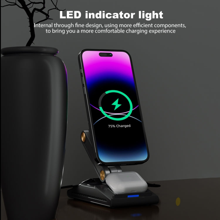 3-In-1 15W Portable Folding Desktop Stand Mobile Phone Wireless Charger(Black) - Wireless Charger by PMC Jewellery | Online Shopping South Africa | PMC Jewellery | Buy Now Pay Later Mobicred