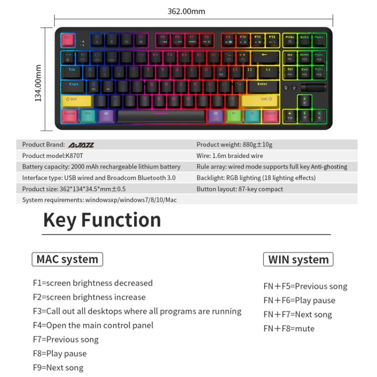 Ajazz K870T 87-Key Hot Swap Bluetooth/Wired Dual Mode RGB Backlight Office Game Mechanical Keyboard Red Shaft (White) - Wireless Keyboard by Ajazz | Online Shopping South Africa | PMC Jewellery | Buy Now Pay Later Mobicred