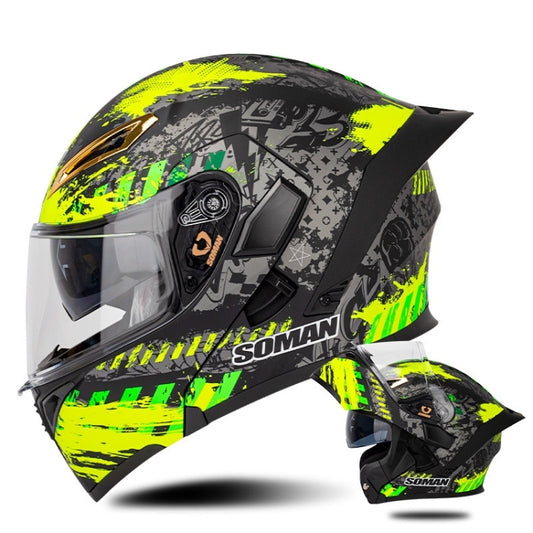 SOMAN Motorcycle Dual Lens Riding Peel-Off Full Coverage Helmet, Size: M(Black Fluorescent Yellow Spark) - Helmets by SOMAN | Online Shopping South Africa | PMC Jewellery | Buy Now Pay Later Mobicred