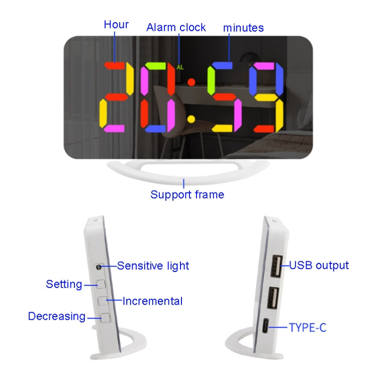 TS-8201 LED Digital Mirror Alarm Clock Big Screen Dual USB Desktop Table Clock, Color: Black Shell White Light - Alarm Clocks by PMc TechLife | Online Shopping South Africa | PMc TechLife | Buy Now Pay Later Mobicred