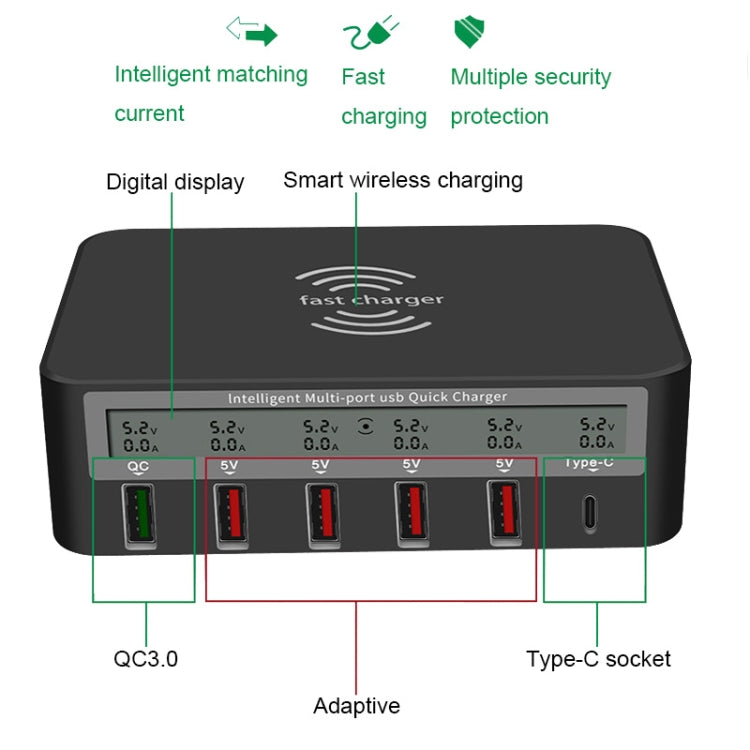 818F 5 USB Ports + Type-C Multifunctional Multi-Port Wireless Charger, Style: EU Plug (Black) - Multifunction Charger by PMC Jewellery | Online Shopping South Africa | PMC Jewellery | Buy Now Pay Later Mobicred