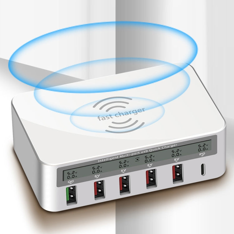 818PF 5 USB Ports + Type-C Smart Digital Display Wireless Phone Charger, Style: EU Plug (White) - Multifunction Charger by PMC Jewellery | Online Shopping South Africa | PMC Jewellery | Buy Now Pay Later Mobicred