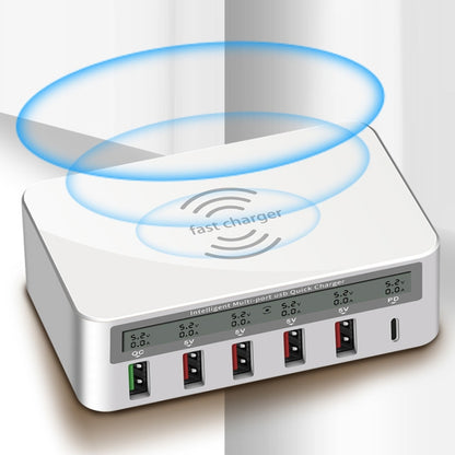 818PF 5 USB Ports + Type-C Smart Digital Display Wireless Phone Charger, Style: US Plug (White) - Multifunction Charger by PMC Jewellery | Online Shopping South Africa | PMC Jewellery | Buy Now Pay Later Mobicred