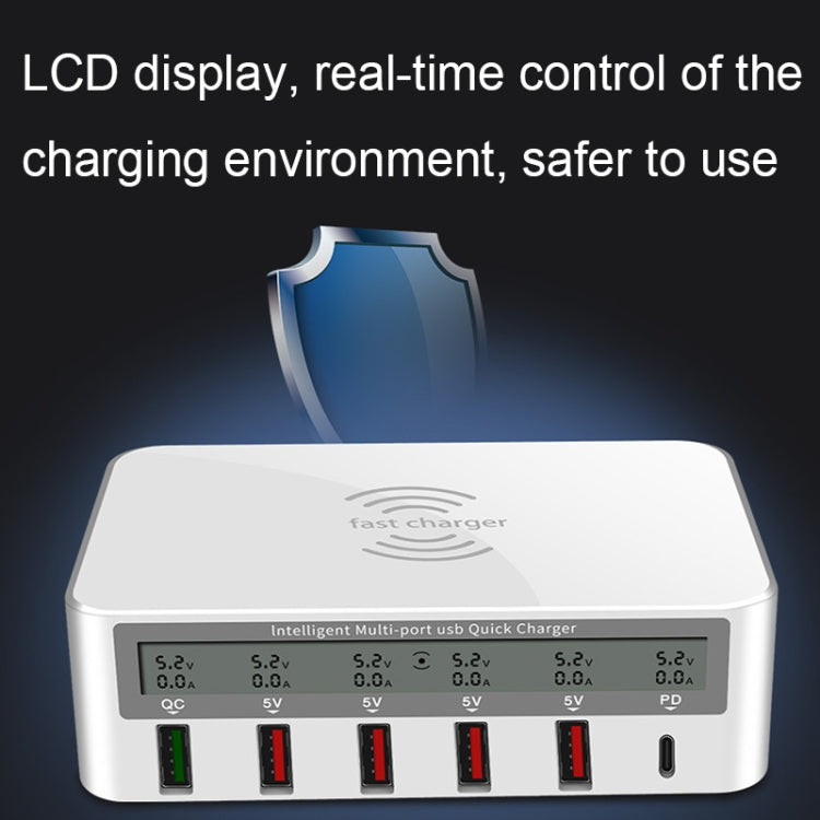 818PF 5 USB Ports + Type-C Smart Digital Display Wireless Phone Charger, Style: US Plug (White) - Multifunction Charger by PMC TechLife | Online Shopping South Africa | PMC TechLife | Buy Now Pay Later Mobicred