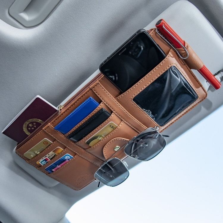 Car Sun Visor Storage Glasses Card Holder Mobile Phone Storage Bag(Zipper Brown) - Sunglasses & Glasses Clips by PMC Jewellery | Online Shopping South Africa | PMC Jewellery | Buy Now Pay Later Mobicred