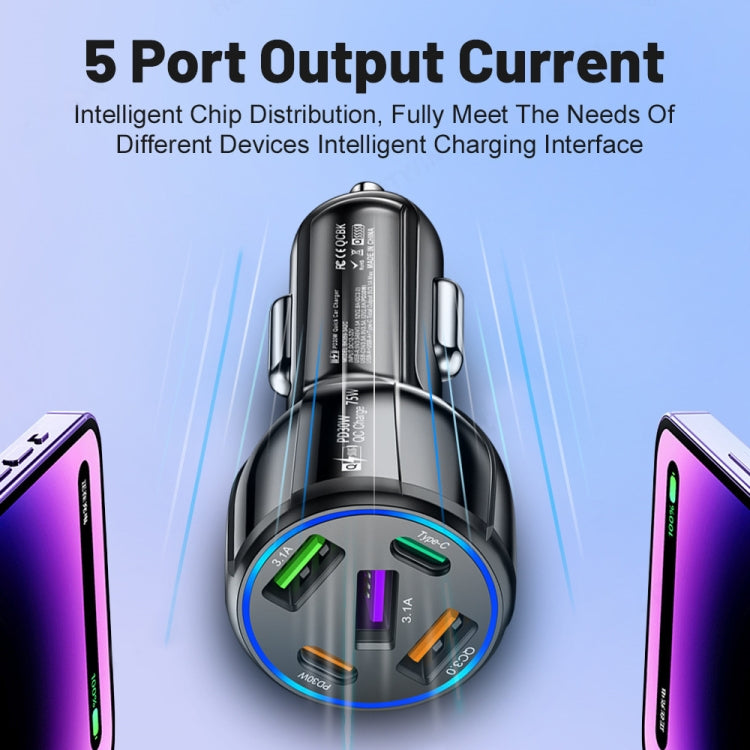 3USB+2PD 75W Dual Line Car Mobile Phone Fast Charging Charger(White) - Car Charger by PMC TechLife | Online Shopping South Africa | PMC TechLife | Buy Now Pay Later Mobicred