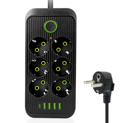 F06 2m 2500W 6 Plugs + PD + 4-USB Ports Multifunctional Socket With Switch, EU Plug(Black) - Extension Socket by PMC Jewellery | Online Shopping South Africa | PMC Jewellery | Buy Now Pay Later Mobicred