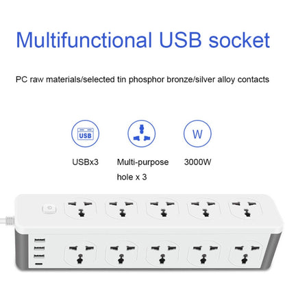 D15 2m 3000W 10 Plugs + PD + 3-USB Ports Vertical Socket With Switch, Specification: Two-pin US Plug - Extension Socket by PMC Jewellery | Online Shopping South Africa | PMC Jewellery | Buy Now Pay Later Mobicred