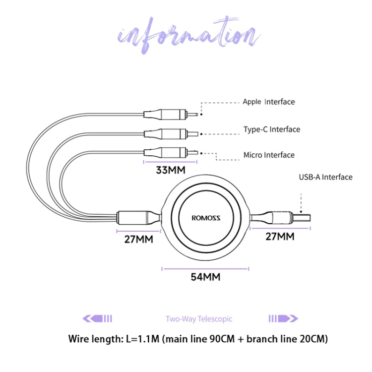 ROMOSS CB258L 6A 3-In-1 Telescopic Data Charging Cable USB-A To Type-C & 8 Pin & Micro Wire 1.1m (Purple) - Multifunction Cable by ROMOSS | Online Shopping South Africa | PMC Jewellery | Buy Now Pay Later Mobicred