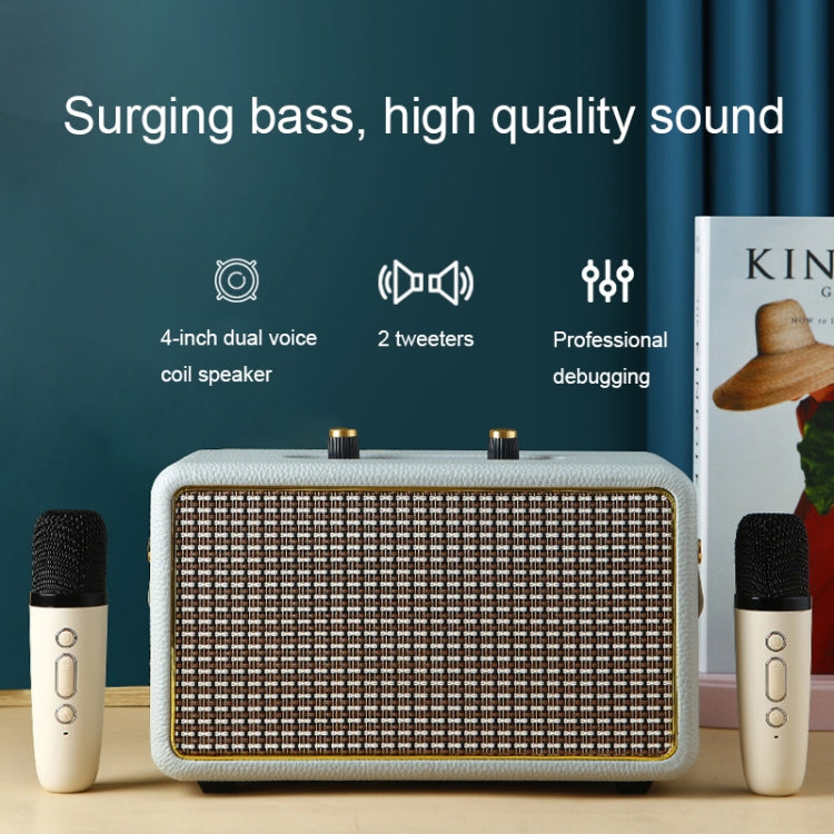 Leather Texture Portable Wooden Home Karaoke Bluetooth Speaker, Color: Gray+Dual-microphone - Desktop Speaker by PMC Jewellery | Online Shopping South Africa | PMC Jewellery | Buy Now Pay Later Mobicred