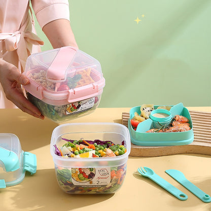 Microwaveable Double Layer Salad Container Picnic Lunch Box with Fork Spoon, Spec: Pink/Large - Cutlery Sets by PMC Jewellery | Online Shopping South Africa | PMC Jewellery