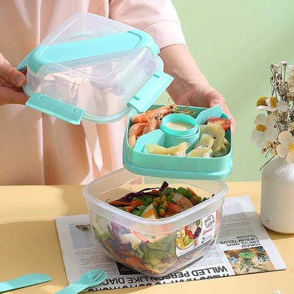 Microwaveable Double Layer Salad Container Picnic Lunch Box with Fork Spoon, Spec: White/Large - Cutlery Sets by PMC Jewellery | Online Shopping South Africa | PMC Jewellery