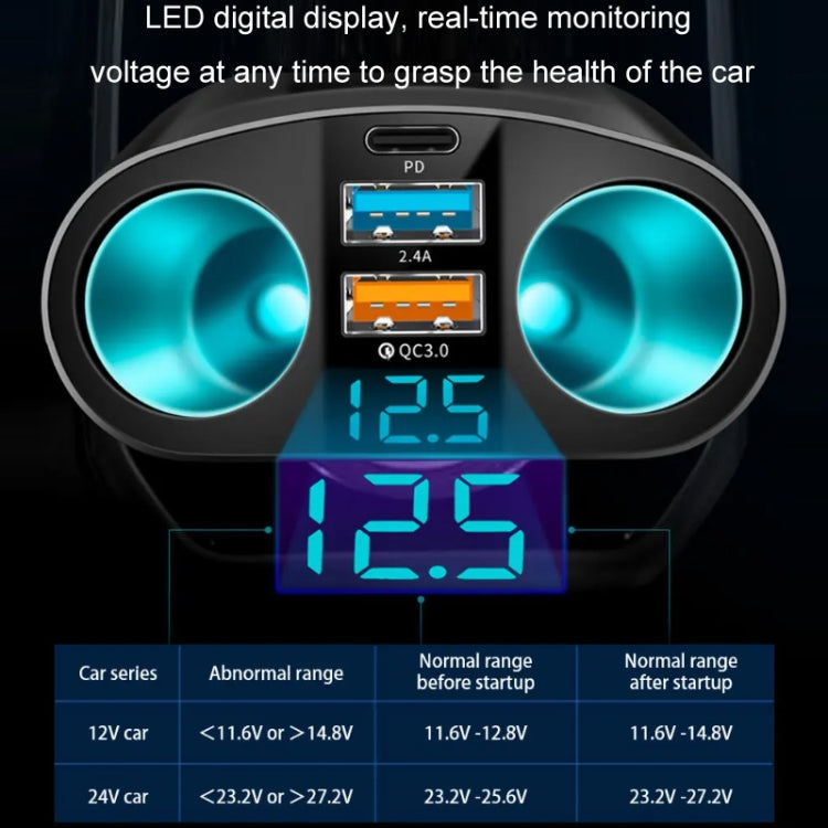 Dual USB Type-C Real-time Digital Display Cigarette Lighter Expansion Car Charger, Model: QC3.0+2.4A Dual A+C - Car Charger by PMC Jewellery | Online Shopping South Africa | PMC Jewellery | Buy Now Pay Later Mobicred