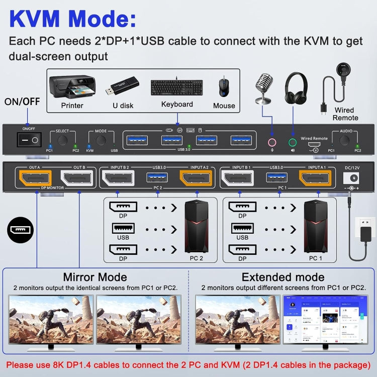 Displayport 1.4/8K KVM Switch Support KVM Mode and USB Mode with Voice Control - Converter by PMC Jewellery | Online Shopping South Africa | PMC Jewellery | Buy Now Pay Later Mobicred