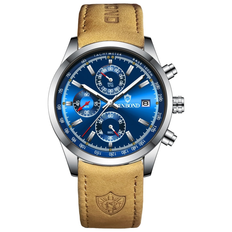 BINBOND B6022 30m Waterproof Luminous Multifunctional Quartz Watch, Color: Leather-White Steel-Blue - Leather Strap Watches by BINBOND | Online Shopping South Africa | PMC Jewellery | Buy Now Pay Later Mobicred