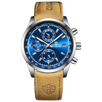 BINBOND B6022 30m Waterproof Luminous Multifunctional Quartz Watch, Color: Leather-White Steel-Blue - Leather Strap Watches by BINBOND | Online Shopping South Africa | PMC Jewellery | Buy Now Pay Later Mobicred