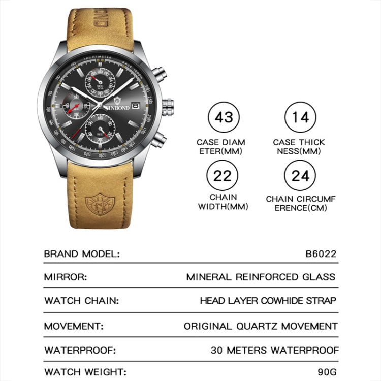 BINBOND B6022 30m Waterproof Luminous Multifunctional Quartz Watch, Color: Leather-White Steel-Black - Leather Strap Watches by BINBOND | Online Shopping South Africa | PMC Jewellery | Buy Now Pay Later Mobicred