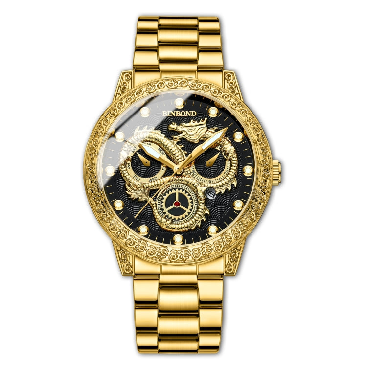 BINBOND B3030 Embossed Dragon Luminous Waterproof Quartz Watch, Color: Full-gold Black - Metal Strap Watches by BINBOND | Online Shopping South Africa | PMC Jewellery | Buy Now Pay Later Mobicred