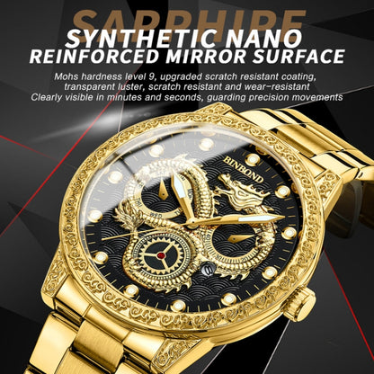 BINBOND B3030 Embossed Dragon Luminous Waterproof Quartz Watch, Color: Full-gold White - Metal Strap Watches by BINBOND | Online Shopping South Africa | PMC Jewellery