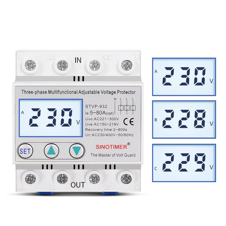 SINOTIMER STVP-932 50A 3-phase 380V LCD Self-resetting Adjustable Surge Voltage Protector - free shipping - PMC TechLife - Order now!