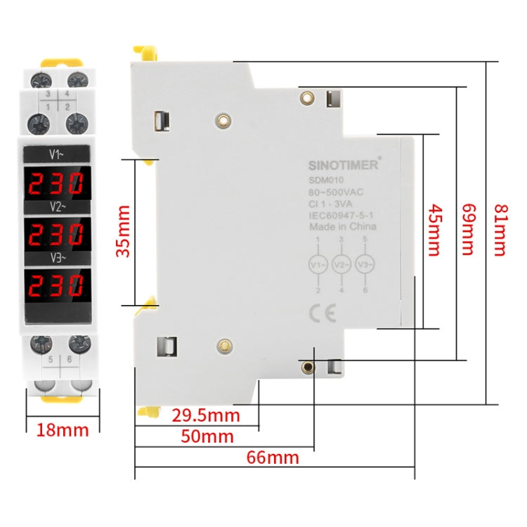 SINOTIMER SDM010 Modular Rail Type AC Three-Phase Digital Voltmeter Electronic Instrumentation - Current & Voltage Tester by SINOTIMER | Online Shopping South Africa | PMC TechLife | Buy Now Pay Later Mobicred