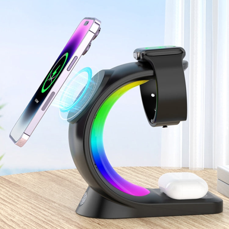 T17 3-in-1 RGB Atmosphere Light MagSafe Phone Watch Earphone Wireless Charger, Color: Black with  UK Plug - Wireless Charger by PMC Jewellery | Online Shopping South Africa | PMC Jewellery | Buy Now Pay Later Mobicred