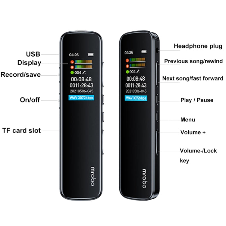 Mrobo RV-19 0.96-inch HD Screen 3D Noise Reduction Recording Pen Music Player, Capacity: 8GB(Black) - Recording Pen by Mrobo | Online Shopping South Africa | PMC Jewellery | Buy Now Pay Later Mobicred