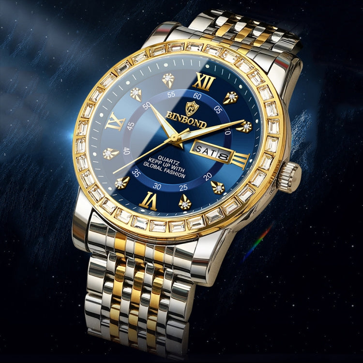 BINBOND B2202 Diamond Dual-calendar Luminous Quartz Watch, Color: Inter-gold-Blue - Metal Strap Watches by BINBOND | Online Shopping South Africa | PMC Jewellery | Buy Now Pay Later Mobicred