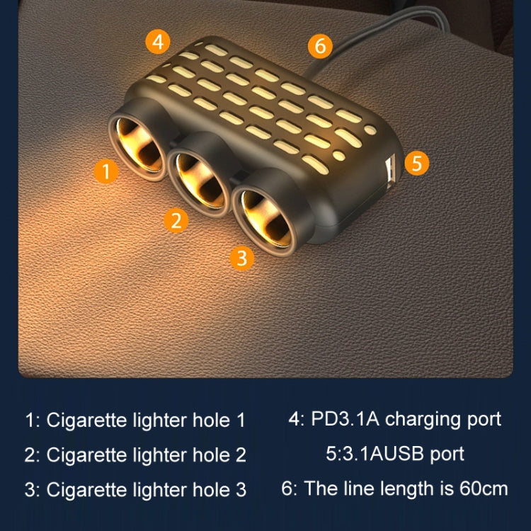 1 To 3 12V/24V Car Cigarette Lighter Charger Multi-function Seven-color Light(120W) - Car Charger by PMC Jewellery | Online Shopping South Africa | PMC Jewellery | Buy Now Pay Later Mobicred