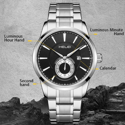 HELEI H9009B-G Night Light Waterproof Men Quartz Watch(Silver Black) - Metal Strap Watches by HELEI | Online Shopping South Africa | PMC Jewellery | Buy Now Pay Later Mobicred