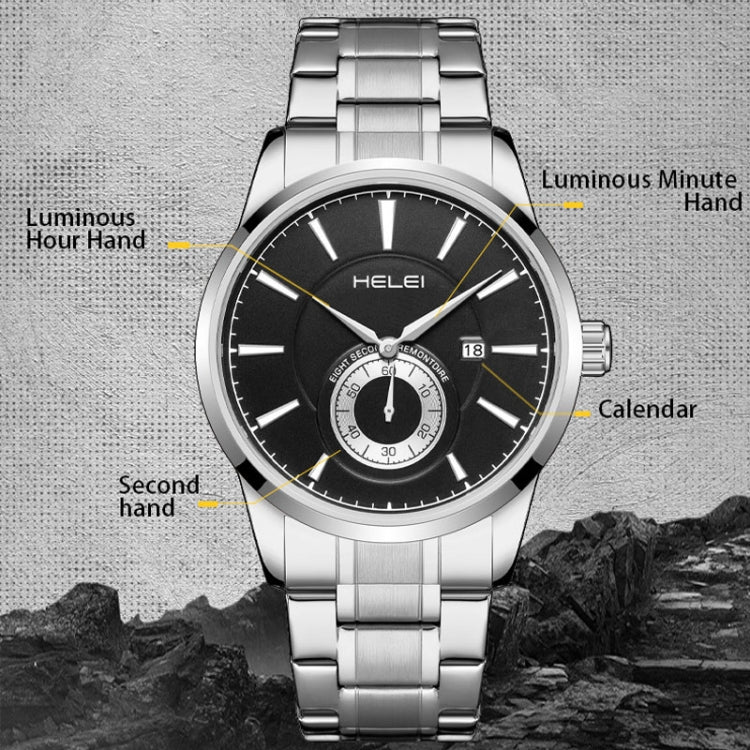 HELEI H9009B-G Night Light Waterproof Men Quartz Watch(Silver Gray) - Metal Strap Watches by HELEI | Online Shopping South Africa | PMC Jewellery | Buy Now Pay Later Mobicred