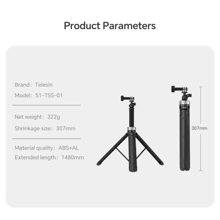 TELESIN 360 Degree Rotation 1.5m Selfie Stick Foldable Tripod For GoPro Hero / Insta360 /  DJI Osmo Action(Black) - Portable Mini Tripod by TELESIN | Online Shopping South Africa | PMC TechLife | Buy Now Pay Later Mobicred