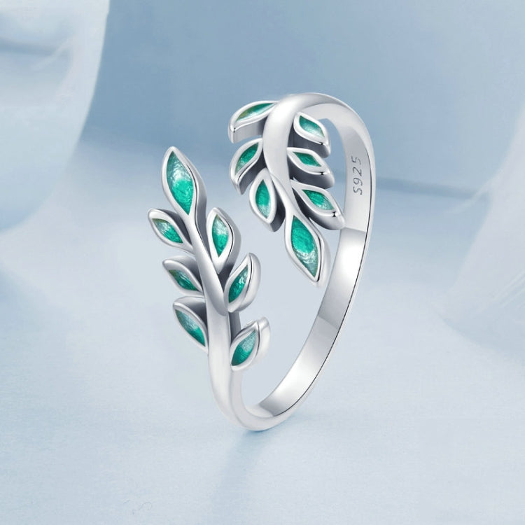 S925 Sterling Silver Green Leaf Open Adjustable Ring(BSR542-E) - Rings by PMC Jewellery | Online Shopping South Africa | PMC Jewellery | Buy Now Pay Later Mobicred