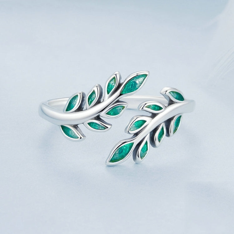 S925 Sterling Silver Green Leaf Open Adjustable Ring(BSR542-E) - Rings by PMC Jewellery | Online Shopping South Africa | PMC Jewellery | Buy Now Pay Later Mobicred