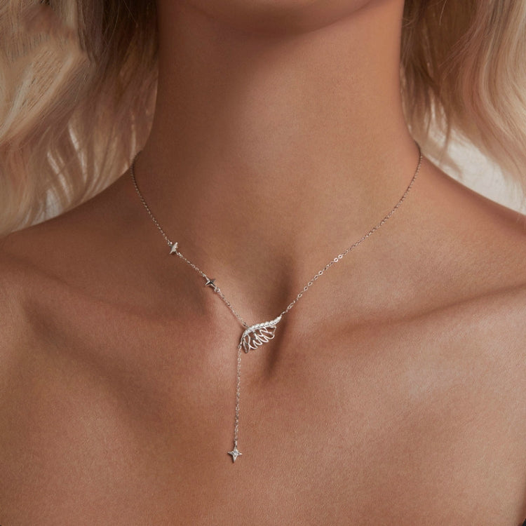 S925 Sterling Silver Platinum-plated Wing Feather Clavicle Necklace(BSN395) - Necklaces & Pendants by PMC Jewellery | Online Shopping South Africa | PMC Jewellery | Buy Now Pay Later Mobicred