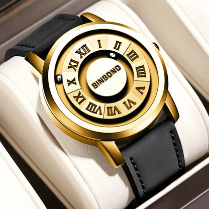 BINBOND B234 30m Waterproof Magnetic Suspension Watch, Color: Black Leather-Full Gold-Gold - Leather Strap Watches by BINBOND | Online Shopping South Africa | PMC Jewellery | Buy Now Pay Later Mobicred