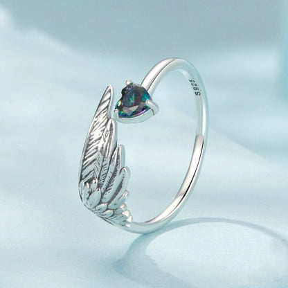 S925 Sterling Silver Oxidized Wing Feather Adjustable Love Ring(SCR1070-E) - Rings by PMC Jewellery | Online Shopping South Africa | PMC Jewellery | Buy Now Pay Later Mobicred