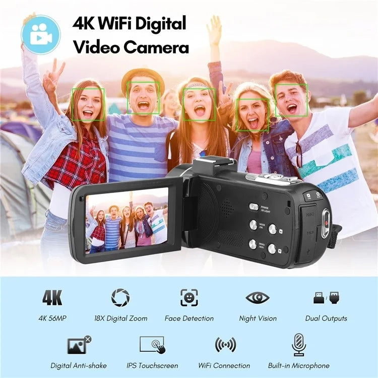 4K  Digital Video Camera 3 Inch IPS Touch Screen 56MP 18X Digital Zoom WiFi Camcorder, Spec: Set 1 - Video Cameras by PMC TechLife | Online Shopping South Africa | PMC TechLife | Buy Now Pay Later Mobicred