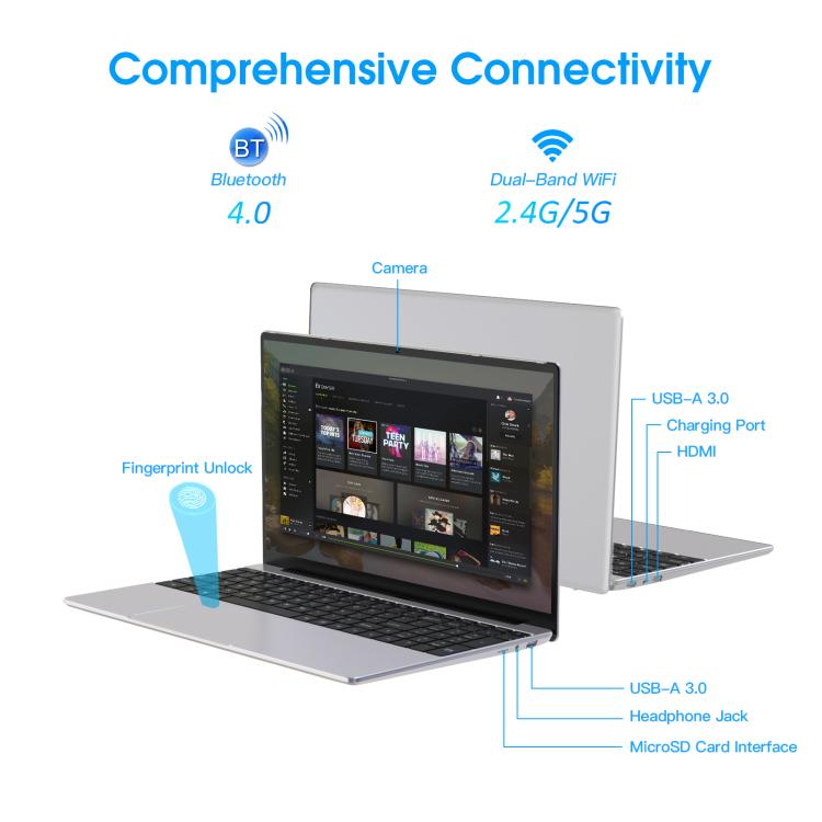 N5095 15.6 inch Laptop, 16GB+512GB, Windows 11 Intel Celeron N5095 Quad Core, Support Fingerprint Unlock, UK Plug (Silver) - free shipping - PMc TechLife - Order now!