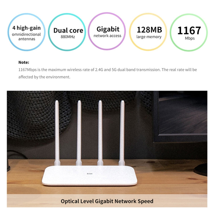 Original Xiaomi WiFi Router 4A Smart APP Control AC1200 1167Mbps 128MB 2.4GHz & 5GHz Dual-core CPU Gigabit Ethernet Port Wireless Router Repeater with 4 Antennas, Support Web & Android & iOS, US Plug(White) - Wireless Routers by Xiaomi | Online Shopping South Africa | PMC Jewellery | Buy Now Pay Later Mobicred