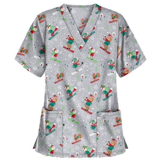 Christmas Print Short-sleeved Pocket T-shirt Nurse Uniform (Color:5 Size:XXXL) - T-shirt by PMC Jewellery | Online Shopping South Africa | PMC Jewellery