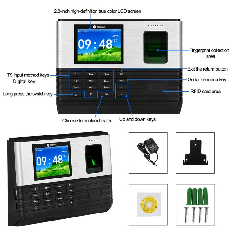 Realand AL355 Fingerprint Time Attendance with 2.8 inch Color Screen & ID Card Function & WiFi - free shipping - PMC TechLife - Order now!
