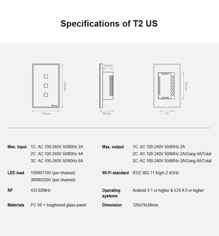 Sonoff T2 Touch 120mm Tempered Glass Panel Wall Switch Smart Home Light Touch Switch, Compatible with Alexa and Google Home, AC 100V-240V, US Plug - Smart Switch by PMC Jewellery | Online Shopping South Africa | PMC Jewellery