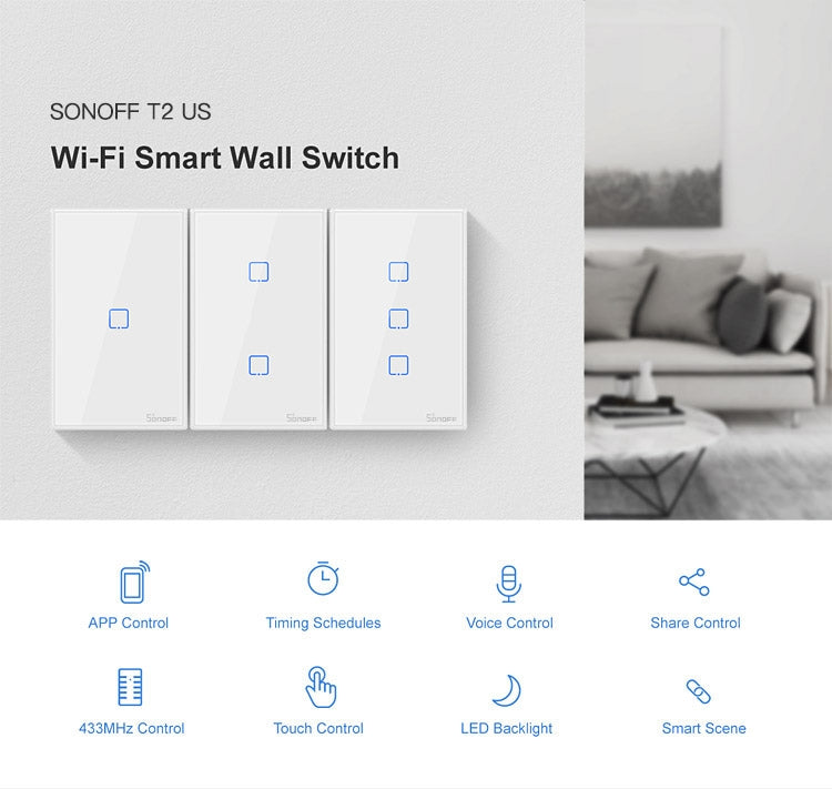 Sonoff T2 Touch 120mm Tempered Glass Panel Wall Switch Smart Home Light Touch Switch, Compatible with Alexa and Google Home, AC 100V-240V, US Plug - Smart Switch by PMC Jewellery | Online Shopping South Africa | PMC Jewellery