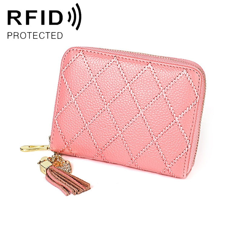 KB213 Diamond Texture Zipper Cowhide Leather Double Row Organ Shape Multiple Card Slots Anti-magnetic RFID Wallet Clutch Bag for Ladies (Pink) - Antimagnetic RFID Package by PMC Jewellery | Online Shopping South Africa | PMC Jewellery | Buy Now Pay Later Mobicred